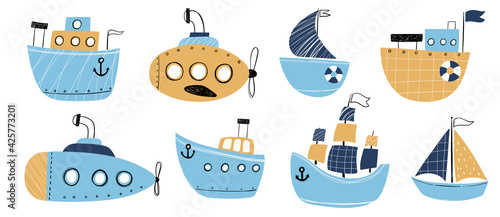 Vector hand drawn baby set with boats. Submarine boat. Sketch. Sea. Children's design. Scandinavian style.