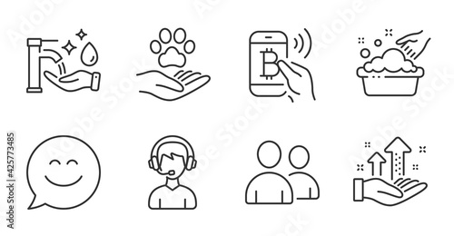 Hand washing, Pets care and Consultant line icons set. Users, Analysis graph and Bitcoin pay signs. Washing hands, Smile chat symbols. Laundry basin, Shelter, Call center. People set. Vector