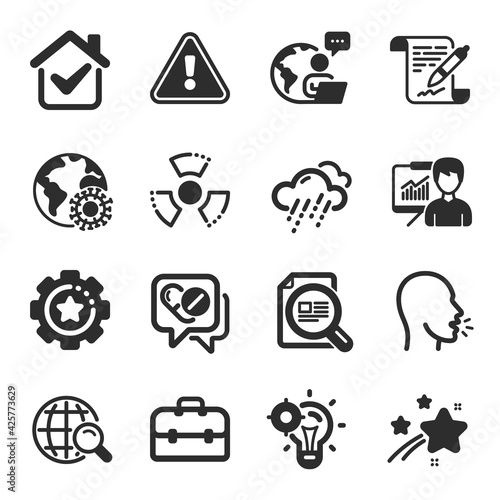 Set of Science icons, such as Presentation, Internet search, Rainy weather symbols. Settings gear, Coronavirus, Medical drugs signs. Seo idea, Agreement document, Chemical hazard. Cough. Vector