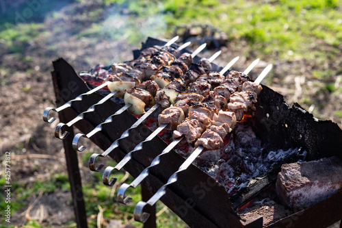 photo out of focus pork barbecue on magal in nature photo