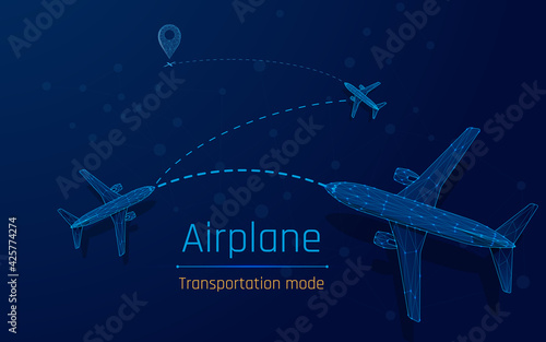 traveling around the world, transporting people. planes flying along the route. air connection. charter flights, transfers, a couple of points of arrival, delivery all over the world,wireframe. plexus