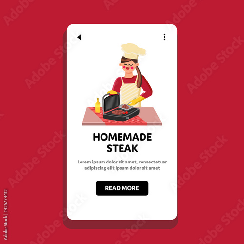 Homemade Steak Cooking Girl Chef On Grill Vector. Homemade Steak Young Woman Grilling On Hot Electric Equipment Surface. Character Home Made Grilled Meat Food Web Flat Cartoon Illustration
