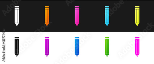 Set Pencil icon isolated on black and white background. Drawing and educational tools. School office symbol. Vector