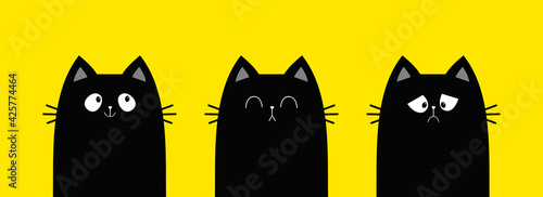 Cat set line banner. Sleeping Sad Happy black kitten face head. Funny Cute kawaii cartoon baby character. Notebook sticker print template. Happy Halloween. Flat design. Yellow background