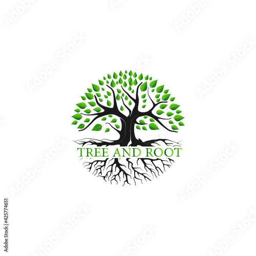 Tree and roots logo design vector isolated, tree with round shape