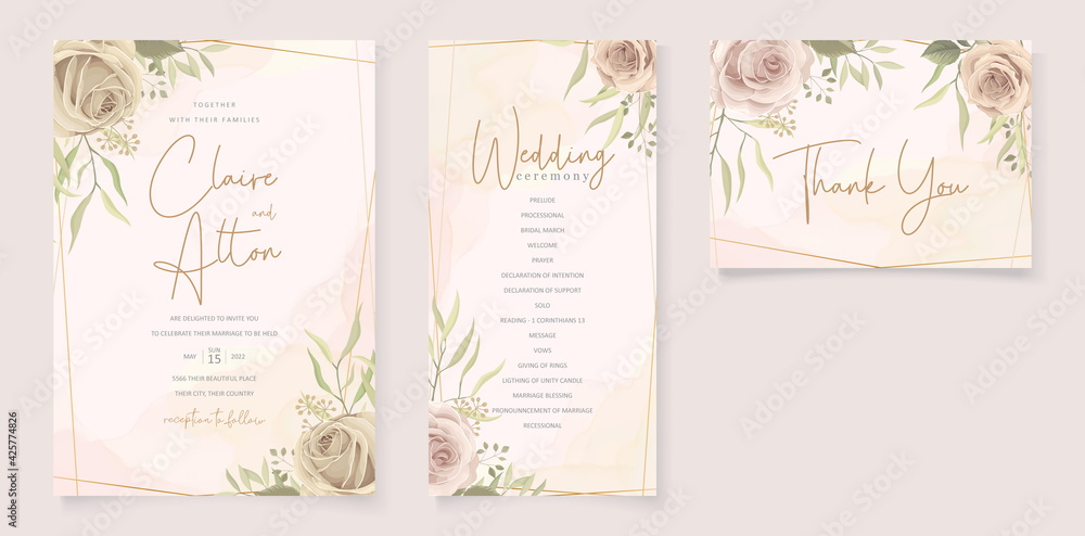 Wedding invitation concept with beautiful roses and leaves