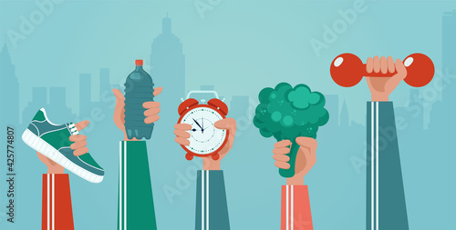 Vector of hands holding fitness gear and healthy food choices on a city background