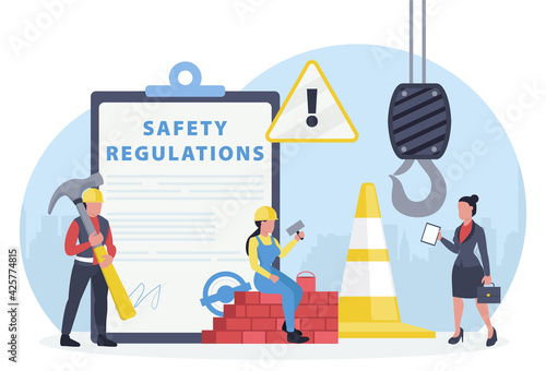 Vector of an OSHA inspector visiting construction site to assure occupational safety and health of workers