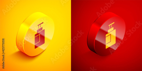 Free Download Isometric Hand sanitizer bottle icon isolated on orange and red background. Disinfection concept. Washing gel. Alcohol bottle for hygiene. Circle button. Vector - GFXLoad