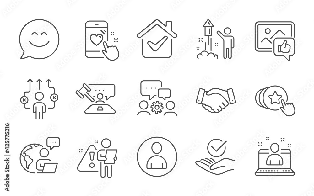 Fototapeta premium Engineering team, Avatar and Business way line icons set. Hold heart, Judge hammer and Employees handshake signs. Fireworks, Like photo and Smile chat symbols. Line icons set. Vector