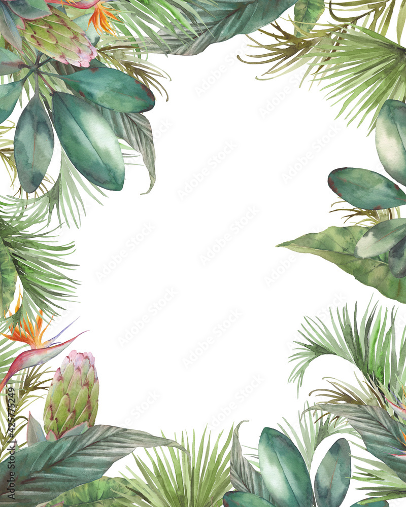 Watercolor summer floral frame. Hand drawn greeting card design with ...