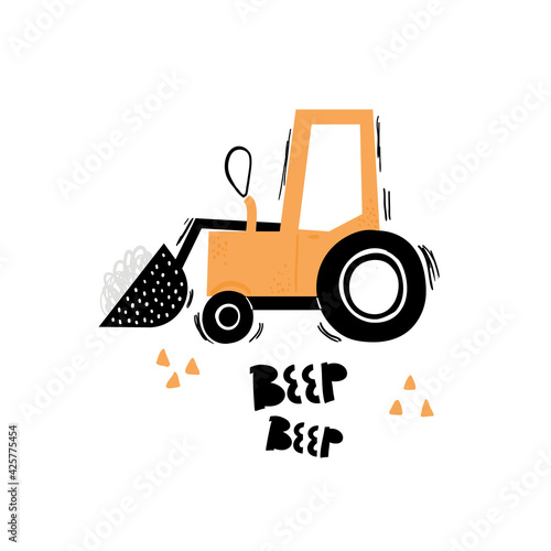 Vector hand-drawn color children's illustration, poster, print with a cute truck and lettering beep-beep in Scandinavian style on a white background. Building equipment. Funny construction transport.