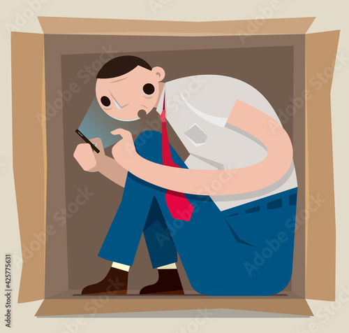 Conceptual illustration of a symptom of internet addiction. A man hides himself into a box and addicts to play his smartphone to get away the real world.
