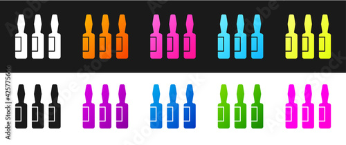 Set Medical vial, ampoule, bottle icon isolated on black and white background. Vaccination, injection, vaccine healthcare concept. Vector