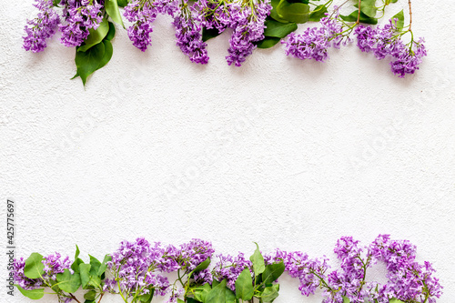 Frame of purple flowers - spring lilac branches with space for text