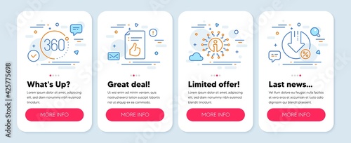 Set of Technology icons, such as Approved document, 360 degrees, Info symbols. Mobile screen banners. Loan percent line icons. Like symbol, Full rotation, Information. Decrease rate. Vector