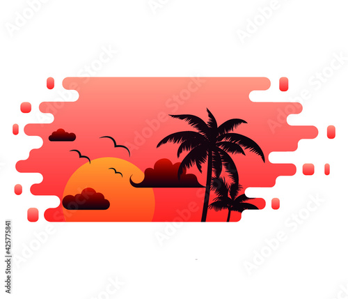 Tropical beach at sunset with palm trees. Vector illustration. summer concept background  © eda