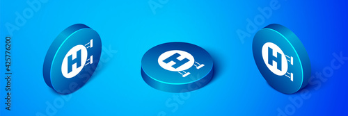 Isometric Hospital signboard icon isolated on blue background. Blue circle button. Vector