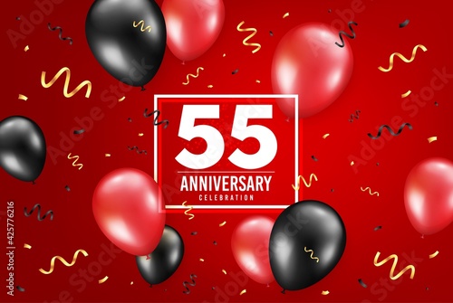 55 years anniversary. Anniversary birthday balloon confetti background. Fifty five years celebrating icon. Celebrate red banner. Birthday party balloon background. Age in a frame box. Vector