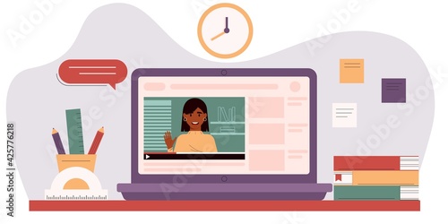 E-learning, video tutorials, online education concept. Female teacher at the laptop screen. Workspace with laptop, textbooks, pens and rulers. Vector illustration