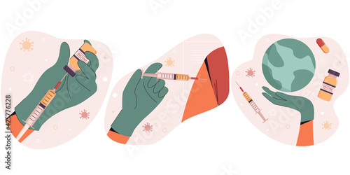 Covid-19 vaccination poster. Vaccination against coronavirus worldwide. Coronavirus vaccine. Prevention of coronavirus. Vector illustration on an abstract background