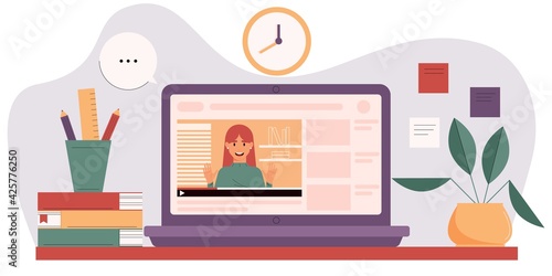 Online courses concept with mentor on laptop screen. Educational video blog. Online education or home schooling concept. Modern educational technologies. Vector illustration