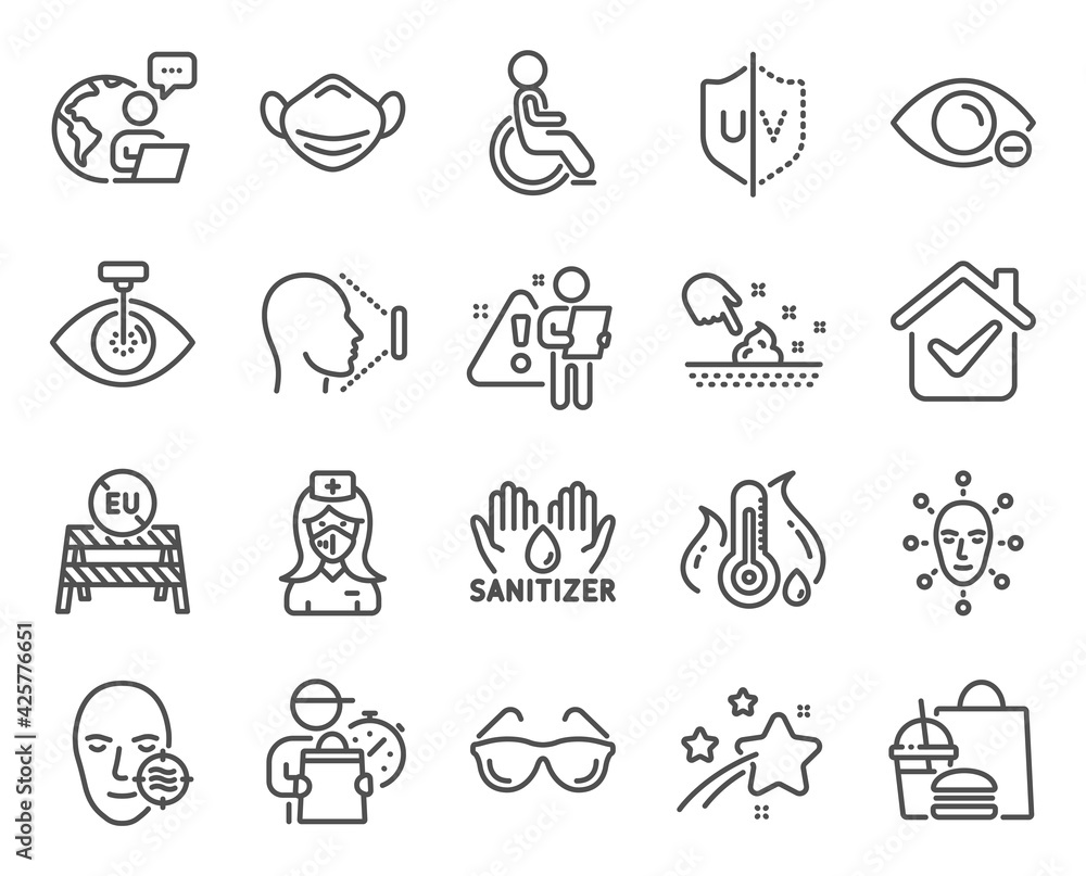 Medical icons set. Included icon as Problem skin, Myopia, Medical mask signs. Face biometrics, Eu close borders, Disabled symbols. Hand sanitizer, Uv protection, Fever temperature. Face id. Vector Medical icons set. Included icon as Problem skin, Myopia, Medical mask signs. Face biometrics, Eu close borders, Disabled symbols. Hand sanitizer, Uv protection, Fever temperature. Face id. Vector