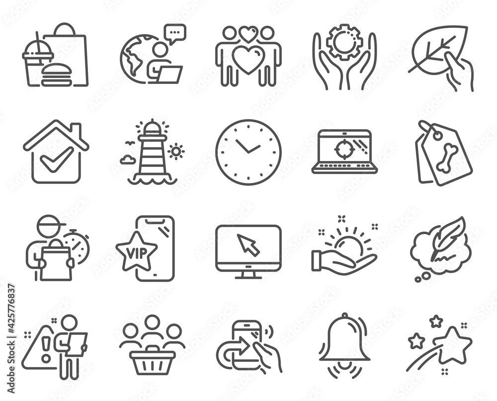 Line icons set. Included icon as Pet tags, Time, Share call signs. Copyright chat, Organic tested, Love couple symbols. Clock bell, Employee hand, Sunny weather. Seo laptop, Internet. Vector