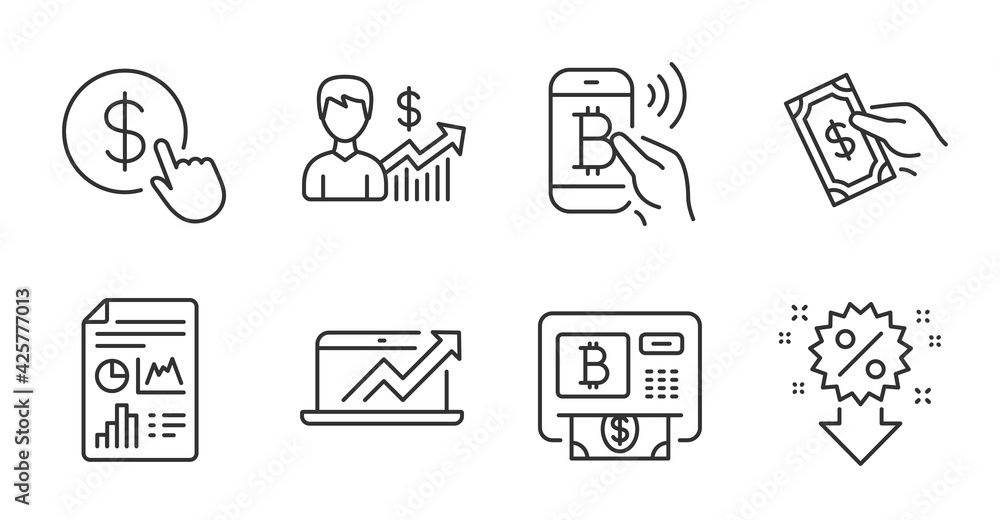 Business growth, Discount and Report document line icons set. Bitcoin pay, Sales diagram and Bitcoin atm signs. Buy currency, Pay money symbols. Earnings results, Sale shopping, Growth chart. Vector