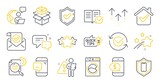 Set of Technology icons, such as Smartphone protection, Smile, Approved documentation symbols. Confirmed mail, Swipe up, Confirmed signs. Phone payment, Approved, Employees messenger. Star. Vector