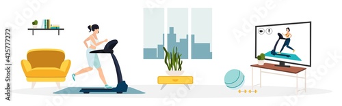 workout online. Stay at home. keep fit and positivity girl does exercises on a laptop and a monitor. Healthy lifestyle. Coronavirus quarantine isolation. Vector illustration.