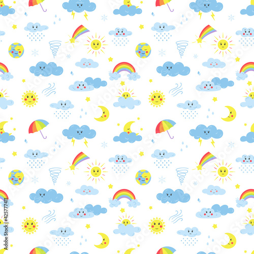 Seamless pattern with elements of weather, clouds, sun, rain, umbrella, rainbow. For children's textiles and products for kids. Color cartoon vector illustrations. Isolated on white.