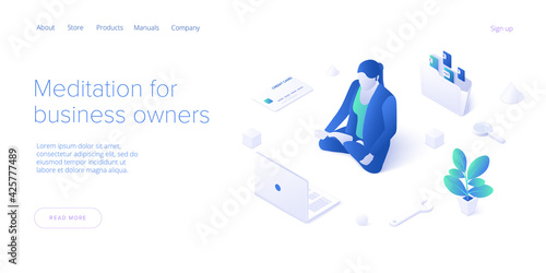 Meditating female manager concept in isometric vector illustration. Workload female businesswoman in yoga lotus pose. Web banner template.