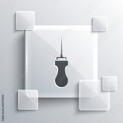 Grey Awl tool with wooden handle icon isolated on grey background. Work equipment tailor industry. Square glass panels. Vector