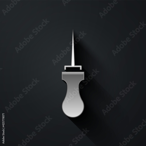 Silver Awl tool with wooden handle icon isolated on black background. Work equipment tailor industry. Long shadow style. Vector