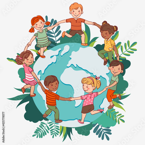Happy kids holding hands and dancing around the world. Cute boys and girls having fun. Protect and save Earth Planet vector concept