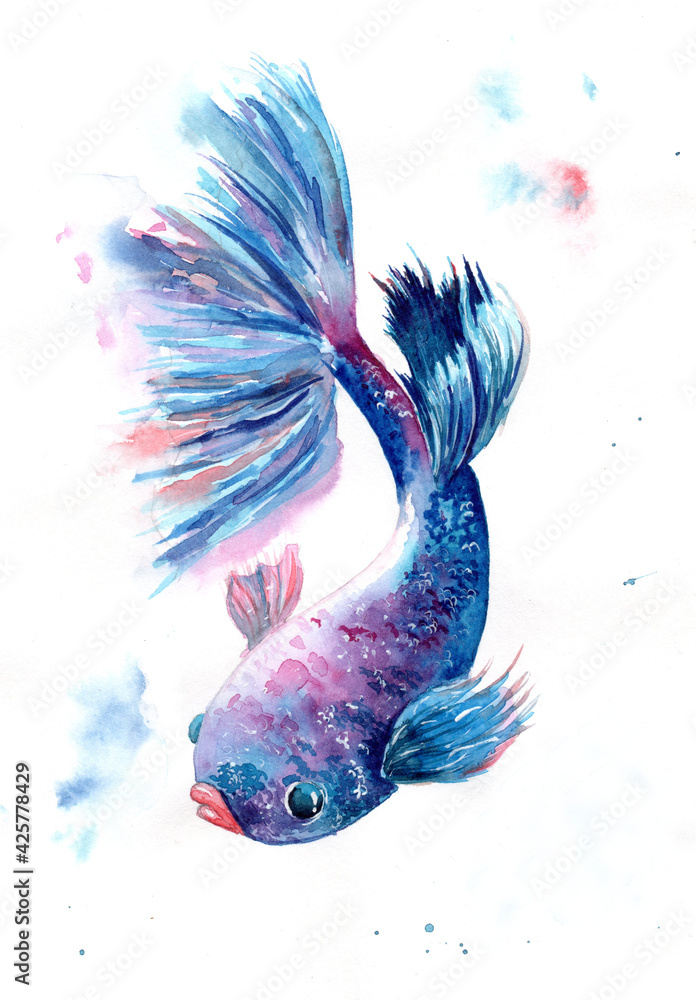 Watercolor illustration of a colorful exotic purple and blue fish with pink lips on a white background