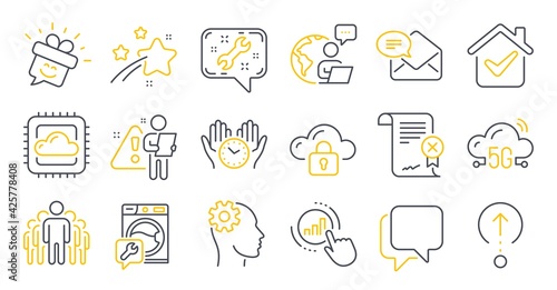 Set of Technology icons, such as 5g cloud, Swipe up, Reject certificate symbols. New mail, Cloud computing, Washing machine signs. Spanner, Group, Safe time. Smile, Talk bubble line icons. Vector