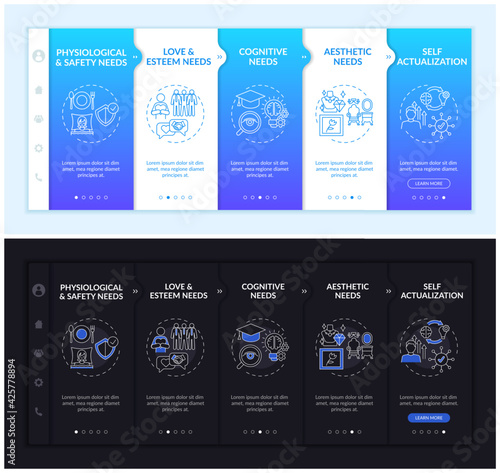 Human needs onboarding vector template. Responsive mobile website with icons. Web page walkthrough 5 step screens. Psychology and self-actualization dark, light mode concept with linear illustrations