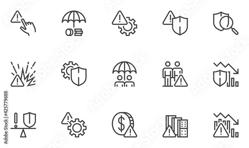 Set of Vector Line Icons Related to Risk Management. Risk Analysis, Investment Plan, Managerial Decision, Minimizing Losses. Editable Stroke. 48x48 Pixel Perfect.