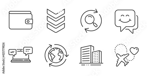 Smile face, Honeymoon travel and Buildings line icons set. Outsourcing, Money wallet and Shoulder strap signs. Internet chat, Search symbols. Chat, Love trip, City architecture. Business set. Vector