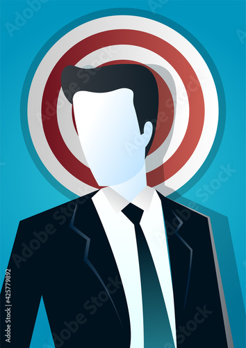 vector illustration of a businessman standing in front target board. describe businessman overshadowed by target. business concept illustration