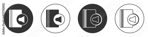 Black Audio book icon isolated on white background. Book with headphones. Audio guide sign. Online learning concept. Circle button. Vector