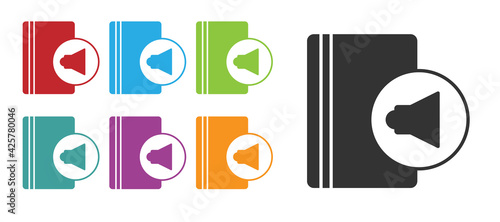 Black Audio book icon isolated on white background. Book with headphones. Audio guide sign. Online learning concept. Set icons colorful. Vector