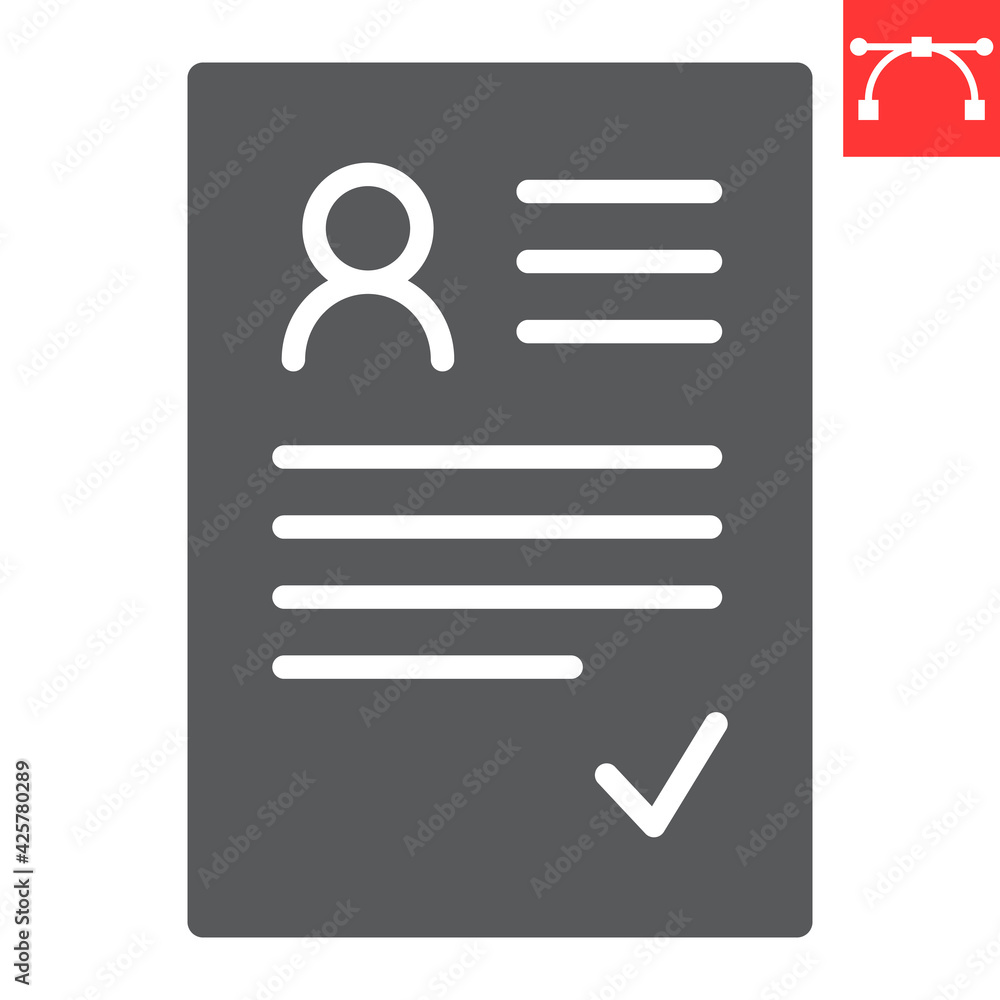 CV glyph icon, contract and document, resume vector icon, vector graphics, editable stroke solid sign, eps 10. CV glyph icon, contract and document, resume vector icon, vector graphics, editable stroke solid sign, eps 10.
