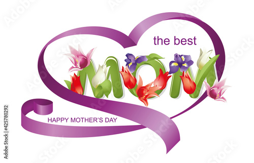 The word mom is decorated with flowers and a purple ribbon.