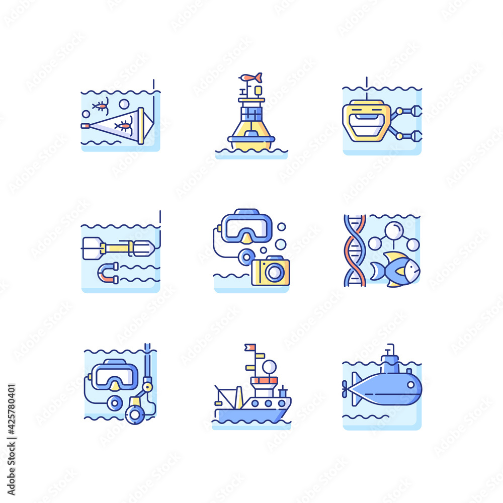 Marine exploration RGB color icons set. Increasing knowledge and understanding of ocean underwater environment. Tools for discovery. Isolated vector illustrations