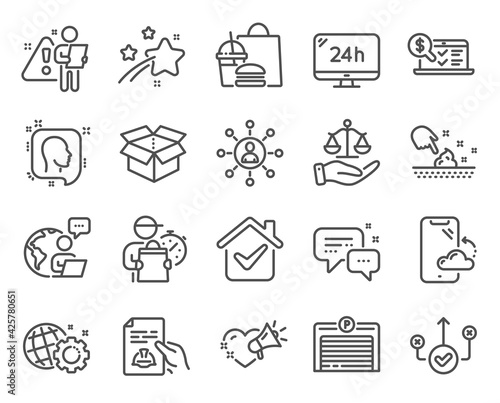Business icons set. Included icon as Seo gear, Online accounting, Justice scales signs. Love message, Smartphone cloud, Skin moisture symbols. Parking garage, Correct way, Head. Open box. Vector
