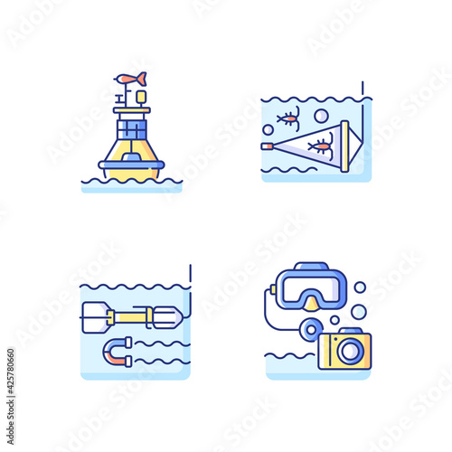 Marine exploration RGB color icons set. Weather buoy systems. Plankton net equipment. Marine magnetometer. Underwater photography. Isolated vector illustrations