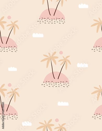 Funny Hand Drawn Tropical Party Seamless Vector Pattern with Palms, Clouds and Suns Isolated on a Light Cream Background. Simple Infantile Style Nursery Art ideal for Fabric, Textile.